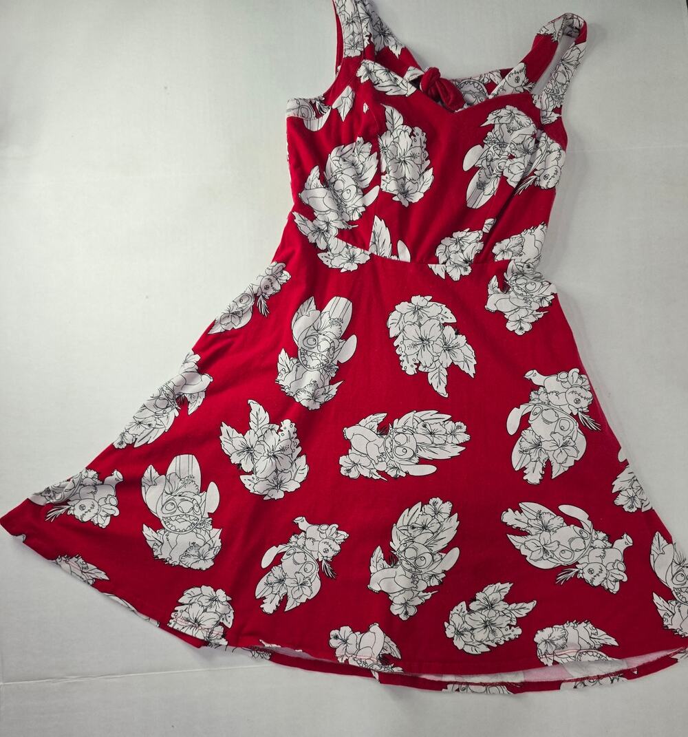 Disney Stitch Floral Dress Red White Fit & Flare Pockets Size Small